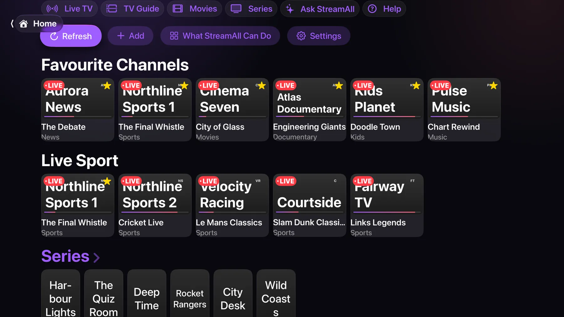 StreamAll home screen on Apple TV